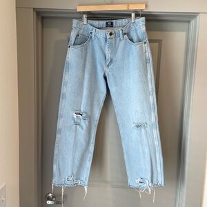 Wrangler Light Blue Denim Jeans, straight leg with Brown Patch